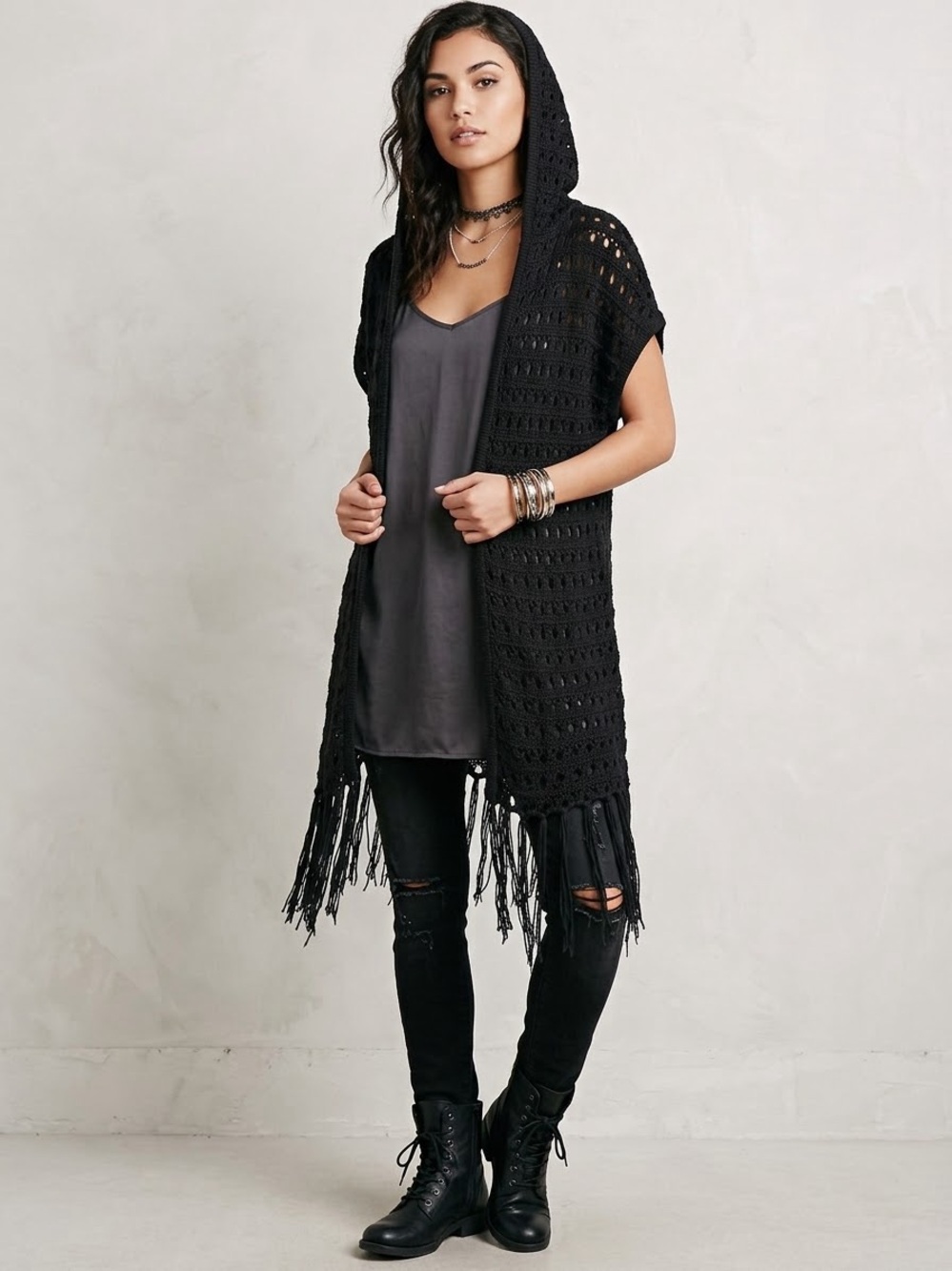 Wet Seal XL Black Open Knit Hooded Vest Cardigan Fringe Boho Whimsigoth Y2K VTG